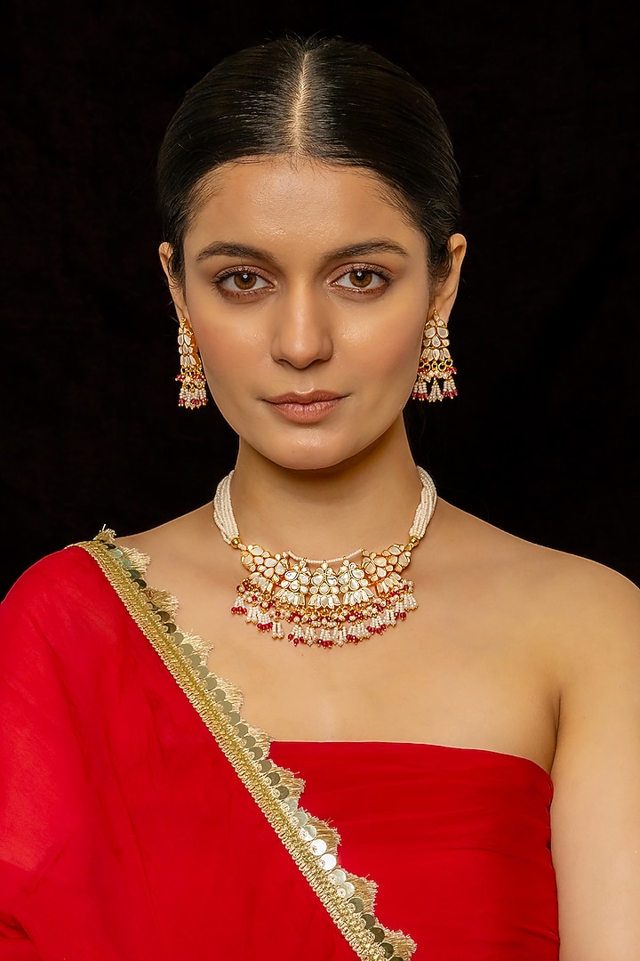 Gold Plated Kundan Polki & Semi-Precious Stone Choker Necklace Set by Shlok Jewels at Pernia's Pop Up Shop