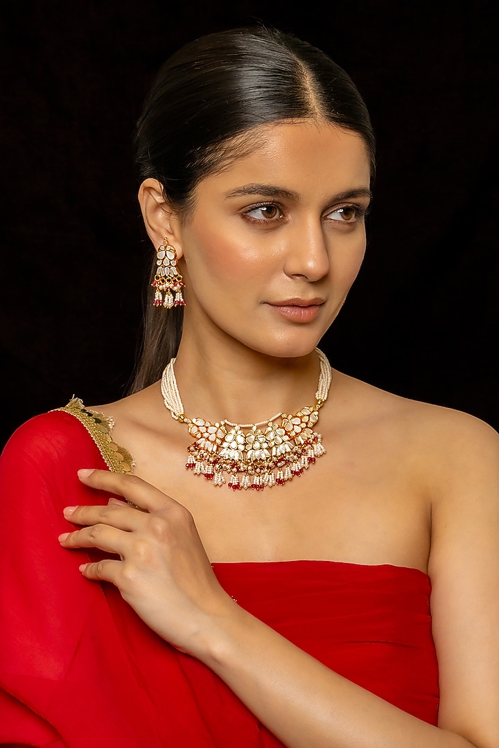Gold Plated Kundan Polki & Semi-Precious Stone Choker Necklace Set by Shlok Jewels at Pernia's Pop Up Shop