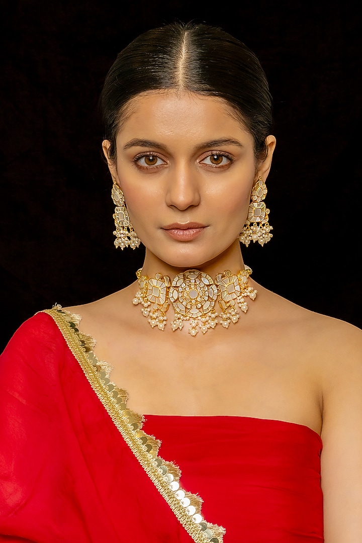 Gold Plated Kundan Polki & Semi-Precious Stone Choker Necklace Set by Shlok Jewels at Pernia's Pop Up Shop
