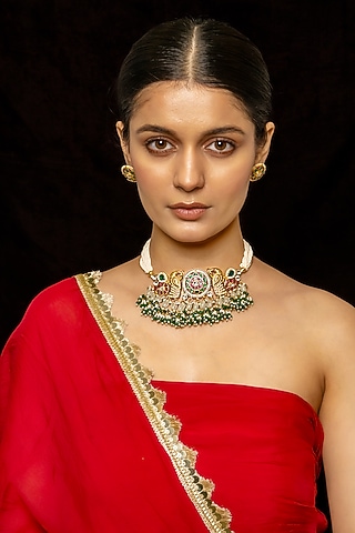 Gold Plated Kundan Polki & Semi-Precious Stone Choker Necklace Set by Shlok Jewels