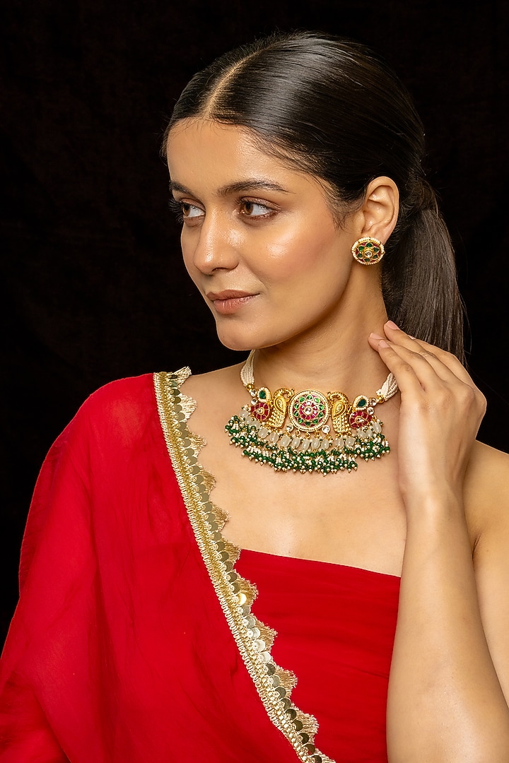 Gold Plated Kundan Polki & Semi-Precious Stone Choker Necklace Set by Shlok Jewels at Pernia's Pop Up Shop