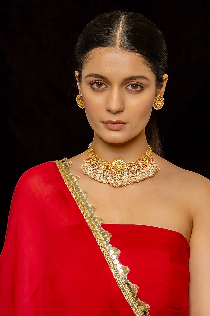 Gold Plated Kundan Polki & Semi-Precious Stone Necklace Set by Shlok Jewels at Pernia's Pop Up Shop