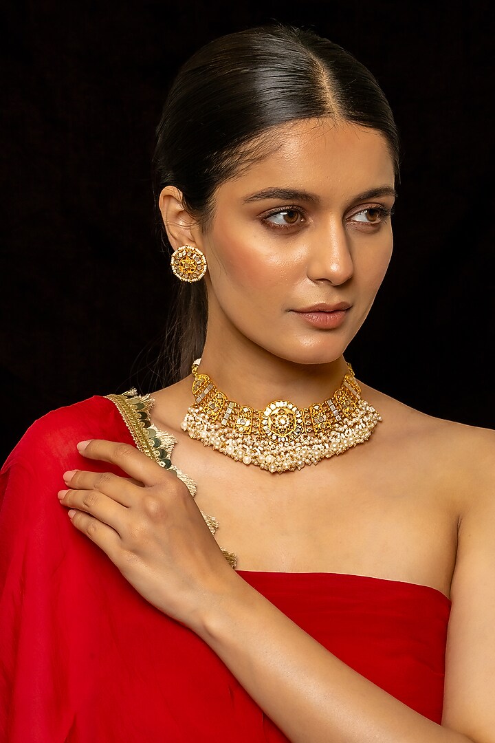 Gold Plated Kundan Polki & Semi-Precious Stone Necklace Set by Shlok Jewels at Pernia's Pop Up Shop