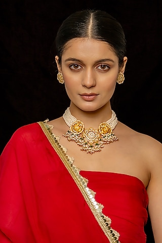 Gold Plated Kundan Polki & Semi-Precious Stone Choker Necklace Set by Shlok Jewels