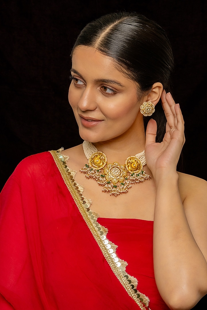 Gold Plated Kundan Polki & Semi-Precious Stone Choker Necklace Set by Shlok Jewels at Pernia's Pop Up Shop