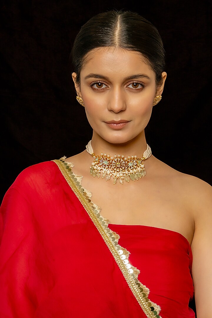 Gold Plated Kundan Polki & Semi-Precious Stone Choker Necklace Set by Shlok Jewels at Pernia's Pop Up Shop
