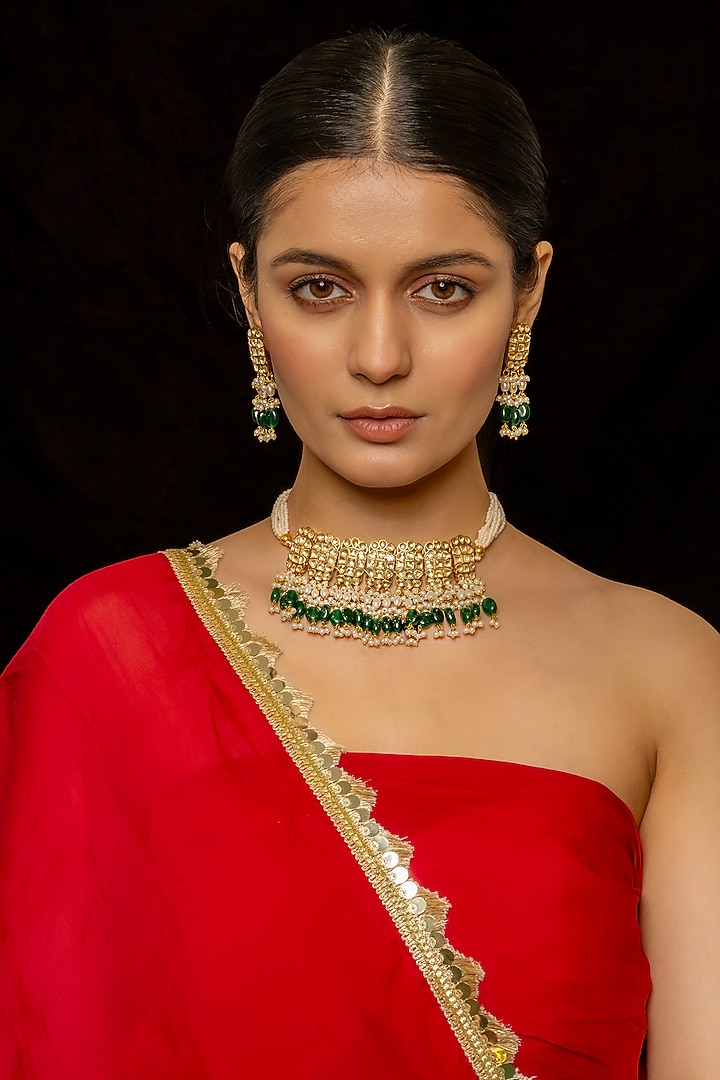 Gold Plated Kundan Polki & Semi-Precious Stone Choker Necklace Set by Shlok Jewels at Pernia's Pop Up Shop