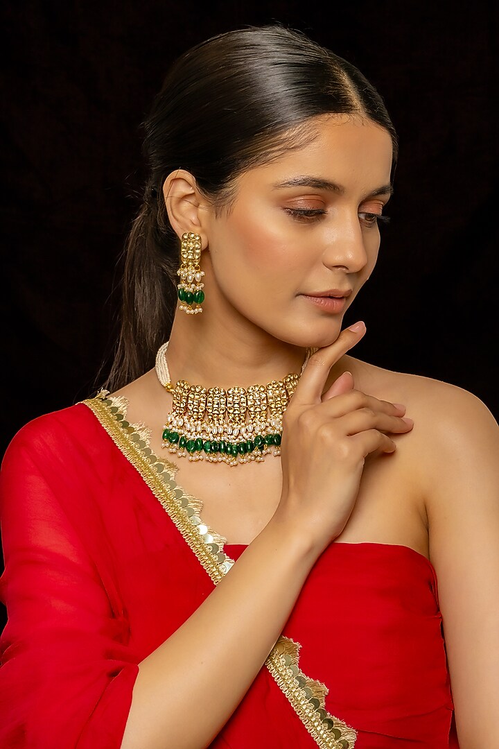 Gold Plated Kundan Polki & Semi-Precious Stone Choker Necklace Set by Shlok Jewels at Pernia's Pop Up Shop
