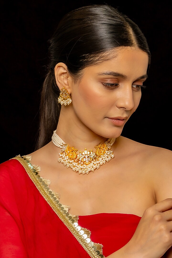 Gold Plated Kundan Polki & Semi-Precious Stone Choker Necklace Set by Shlok Jewels at Pernia's Pop Up Shop