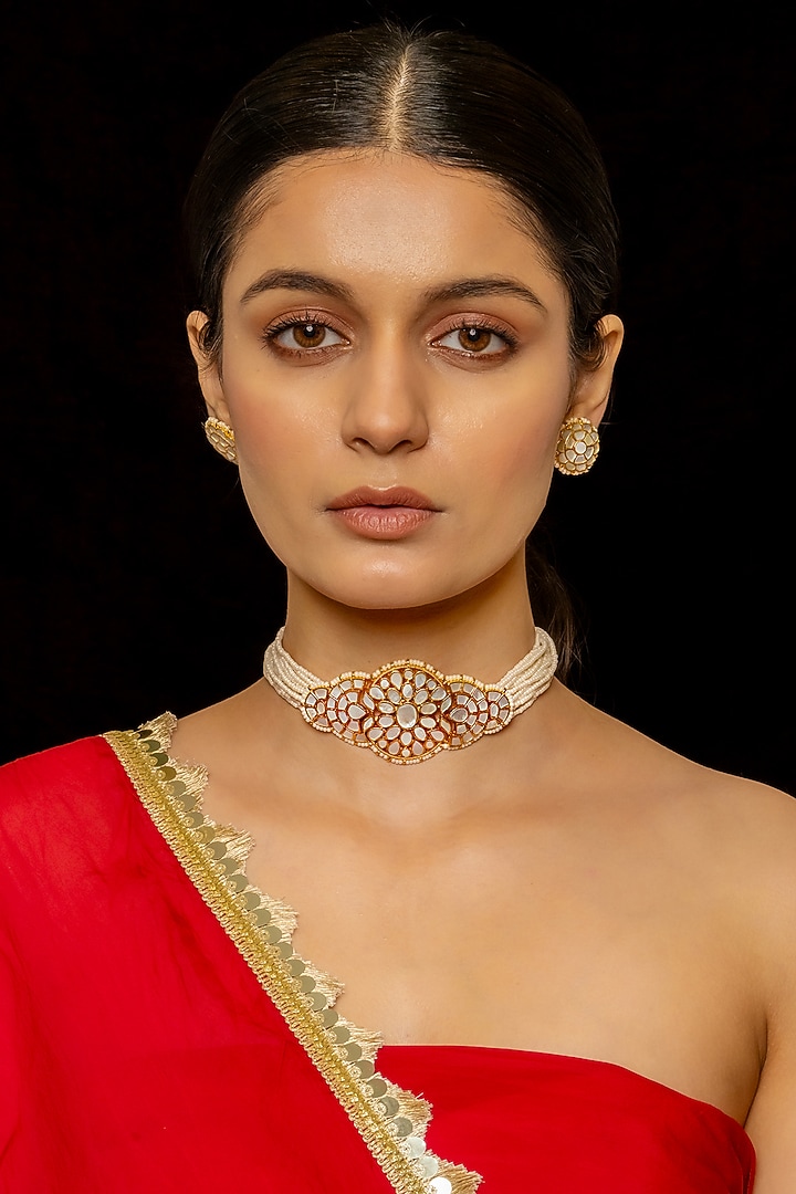 Gold Plated Kundan Polki & Semi-Precious Stone Choker Necklace Set by Shlok Jewels at Pernia's Pop Up Shop