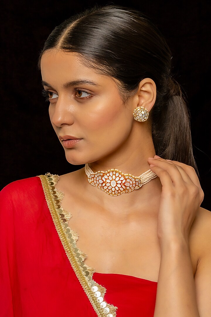 Gold Plated Kundan Polki & Semi-Precious Stone Choker Necklace Set by Shlok Jewels at Pernia's Pop Up Shop