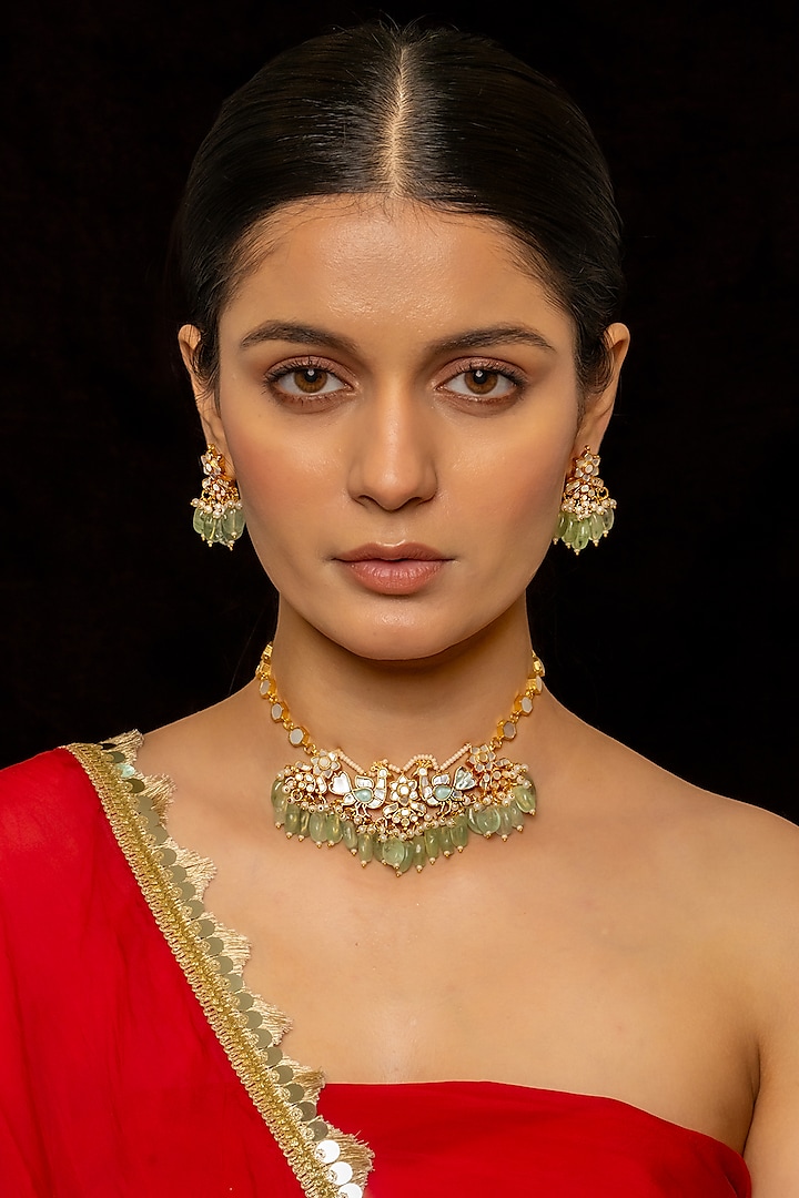 Gold Plated Kundan Polki & Semi-Precious Stone Choker Necklace Set by Shlok Jewels at Pernia's Pop Up Shop