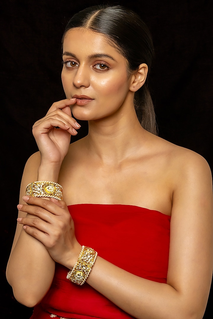 Gold Plated Kundan Polki & Semi-Precious Stone Bangles (Set of 2) by Shlok Jewels at Pernia's Pop Up Shop