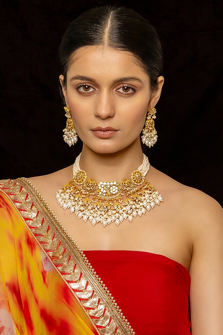 Gold Plated Kundan Polki & Semi-Precious Stone Choker Necklace Set by Shlok Jewels at Pernia's Pop Up Shop