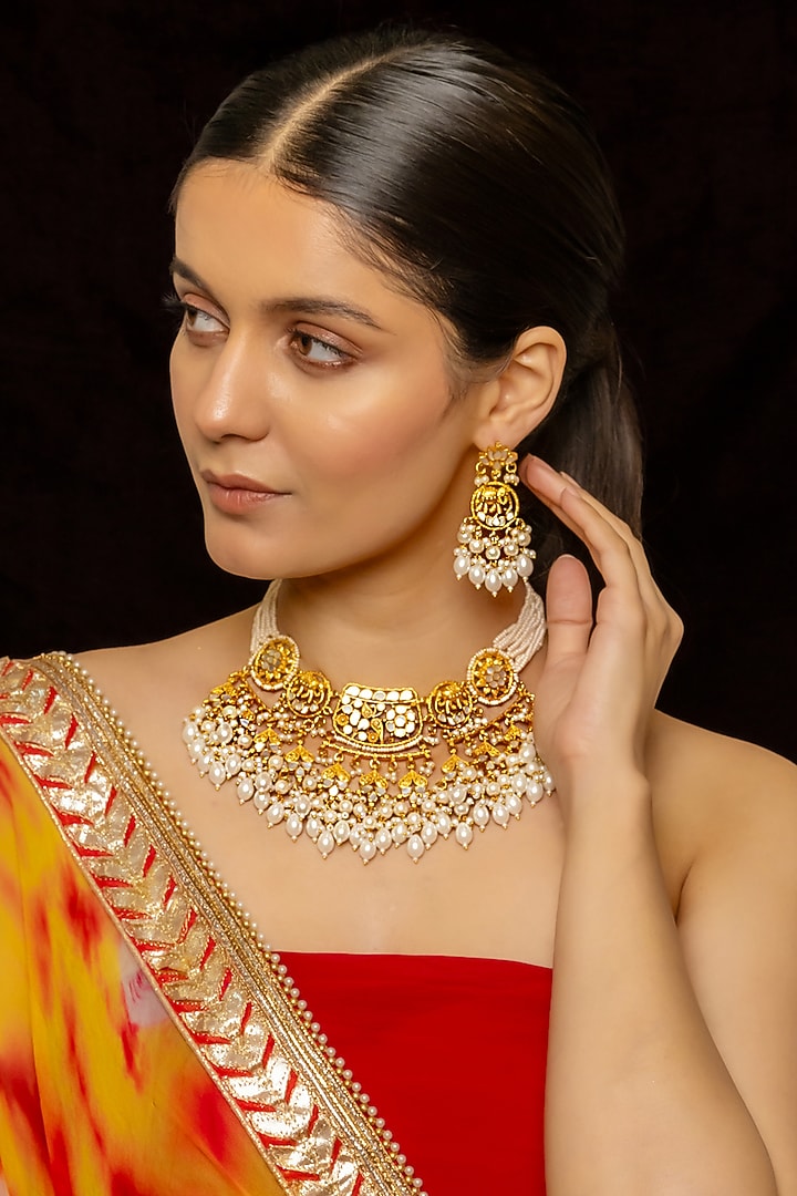 Gold Plated Kundan Polki & Semi-Precious Stone Choker Necklace Set by Shlok Jewels at Pernia's Pop Up Shop