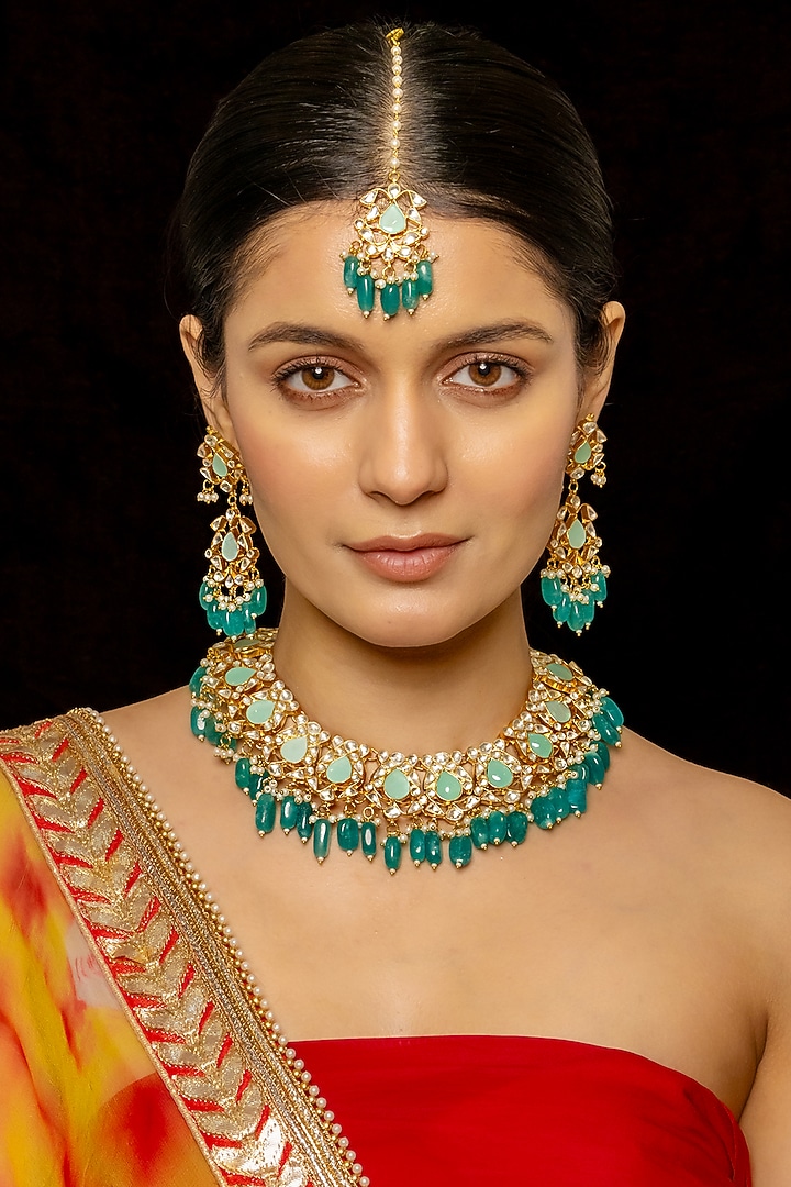 Gold Plated Kundan Polki & Semi-Precious Stone Necklace Set by Shlok Jewels at Pernia's Pop Up Shop