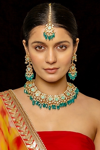 Gold Plated Kundan Polki & Semi-Precious Stone Necklace Set by Shlok Jewels