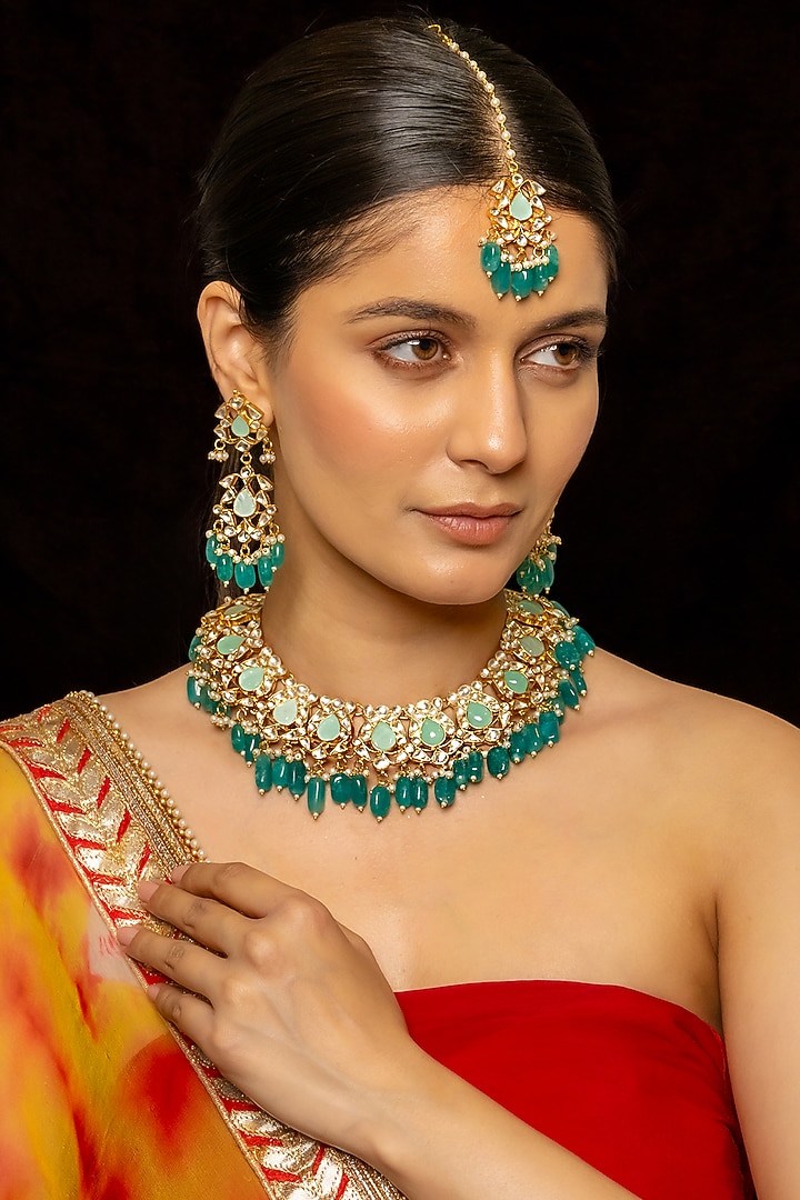 Gold Plated Kundan Polki & Semi-Precious Stone Necklace Set by Shlok Jewels at Pernia's Pop Up Shop
