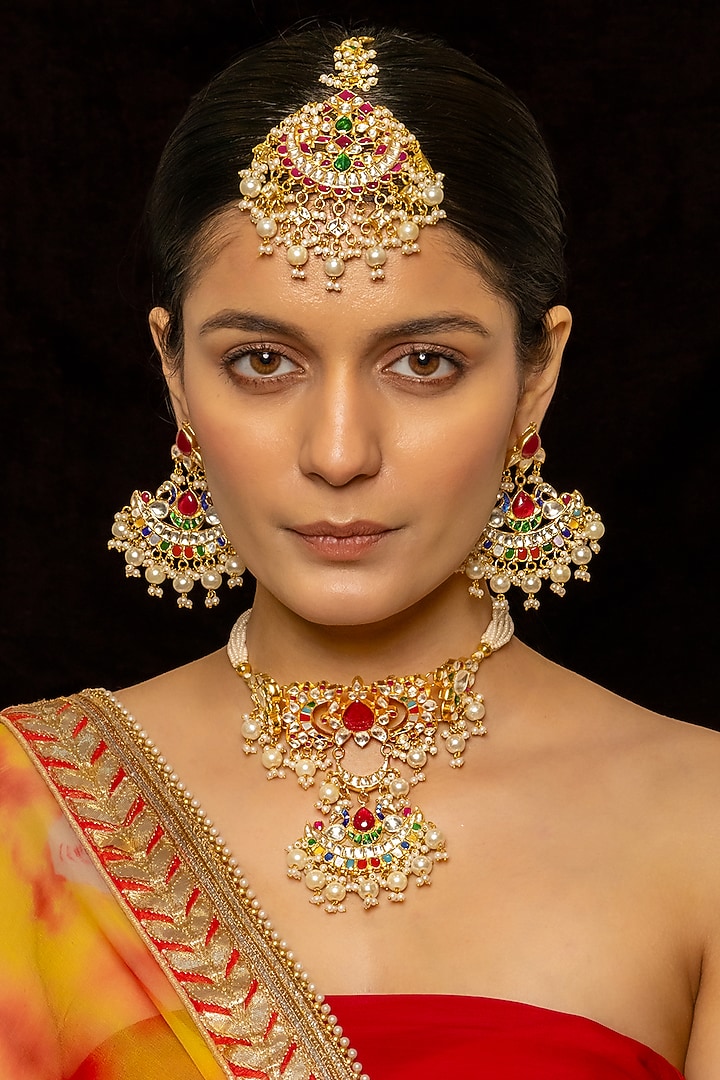 Gold Plated Kundan Polki & Semi-Precious Stone Choker Necklace Set by Shlok Jewels at Pernia's Pop Up Shop