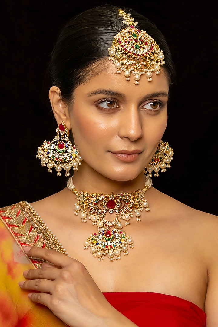 Gold Plated Kundan Polki & Semi-Precious Stone Choker Necklace Set by Shlok Jewels at Pernia's Pop Up Shop