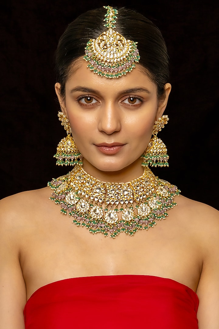 Gold Plated Kundan Polki & Semi-Precious Stone Necklace Set by Shlok Jewels at Pernia's Pop Up Shop