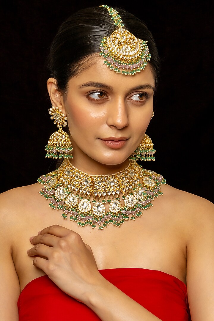 Gold Plated Kundan Polki & Semi-Precious Stone Necklace Set by Shlok Jewels at Pernia's Pop Up Shop