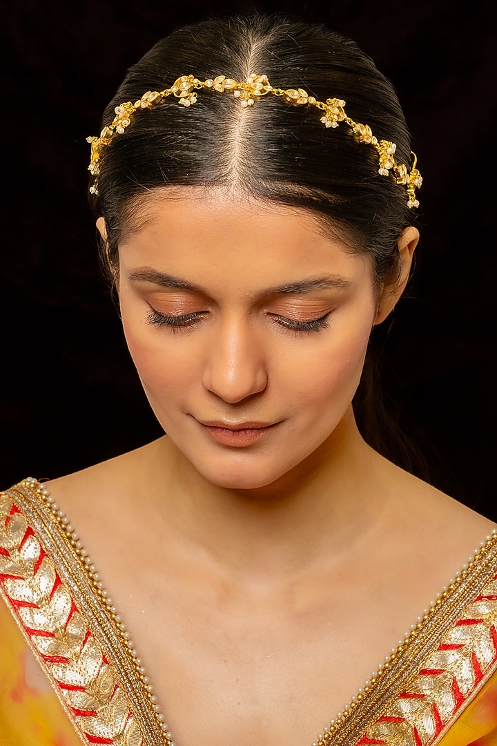 Gold Plated Kundan Polki & Semi-Precious Stone Headband by Shlok Jewels at Pernia's Pop Up Shop