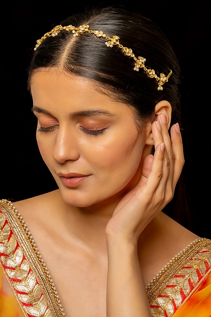 Gold Plated Kundan Polki & Semi-Precious Stone Headband by Shlok Jewels at Pernia's Pop Up Shop