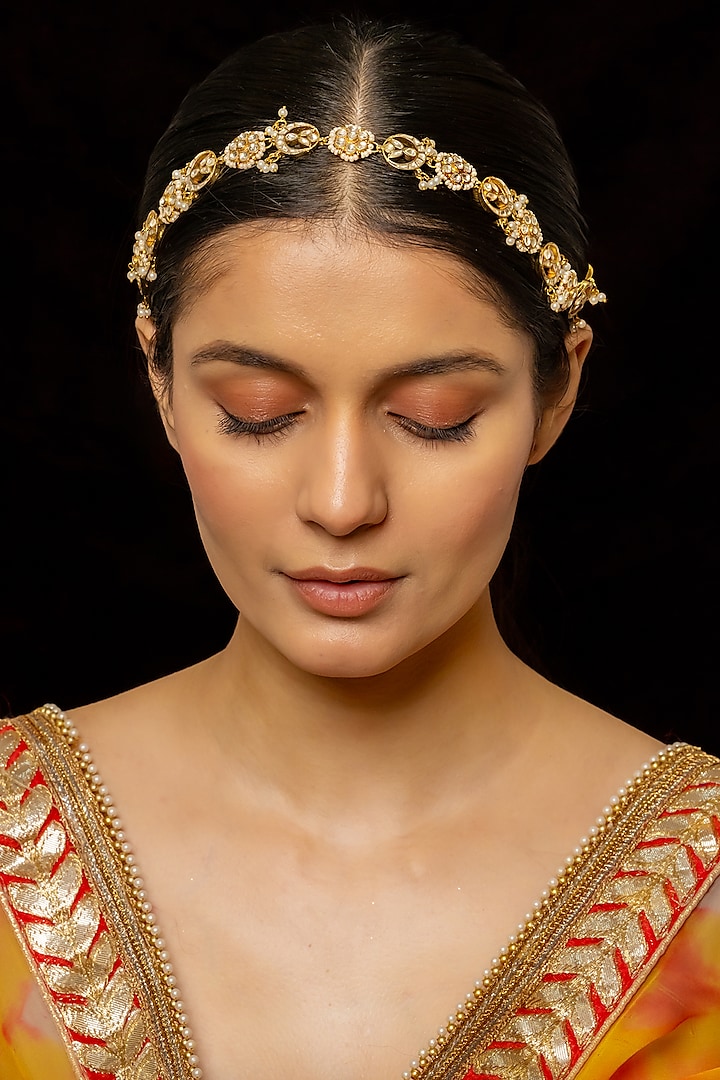 Gold Plated Kundan Polki & Semi-Precious Stone Headband by Shlok Jewels at Pernia's Pop Up Shop