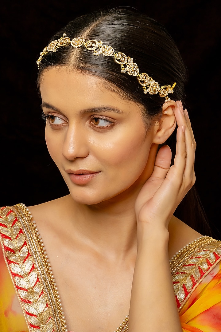 Gold Plated Kundan Polki & Semi-Precious Stone Headband by Shlok Jewels at Pernia's Pop Up Shop