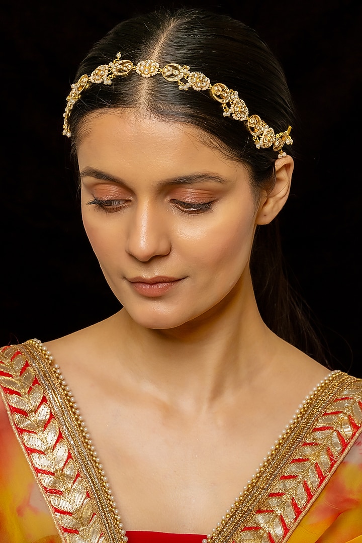 Gold Plated Kundan Polki & Semi-Precious Stone Headband by Shlok Jewels at Pernia's Pop Up Shop