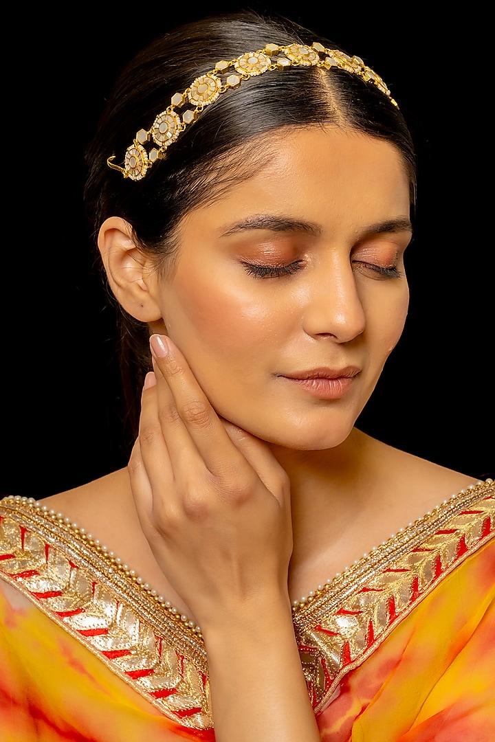 Gold Plated Kundan Polki & Semi-Precious Stone Headband by Shlok Jewels at Pernia's Pop Up Shop