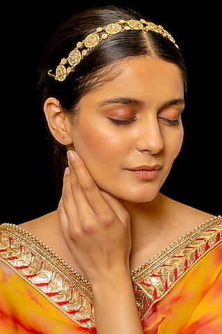 Gold Plated Kundan Polki & Semi-Precious Stone Headband by Shlok Jewels