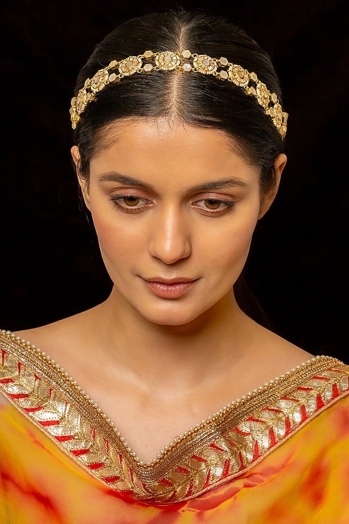 Gold Plated Kundan Polki & Semi-Precious Stone Headband by Shlok Jewels at Pernia's Pop Up Shop