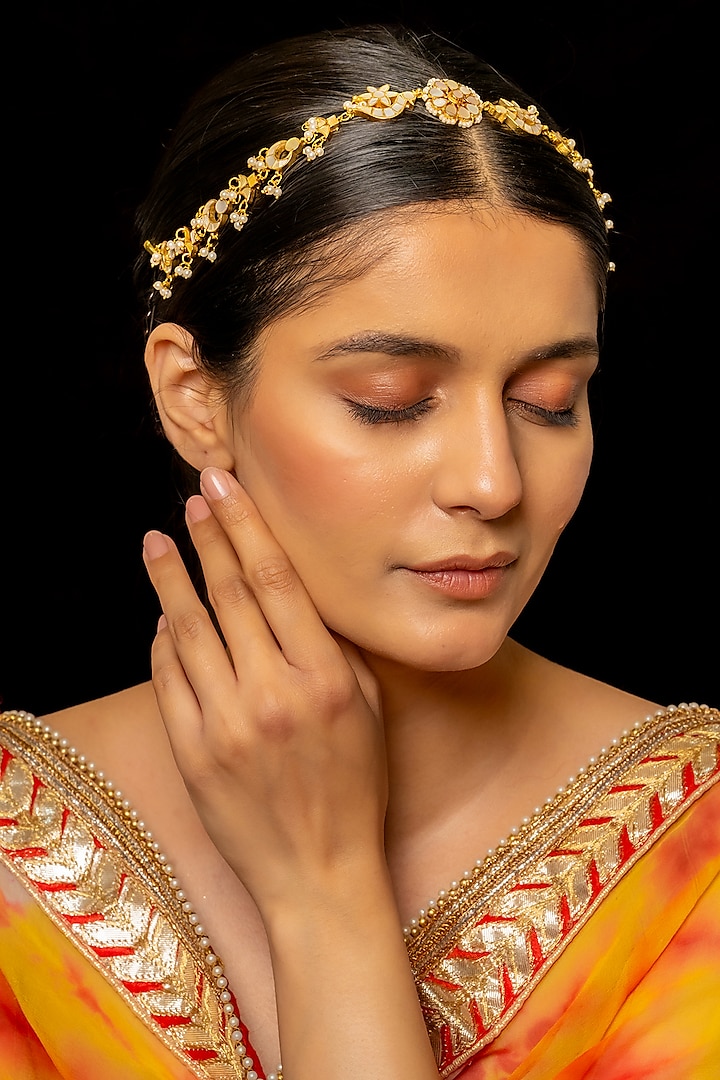 Gold Plated Kundan Polki & Semi-Precious Stone Headband by Shlok Jewels at Pernia's Pop Up Shop