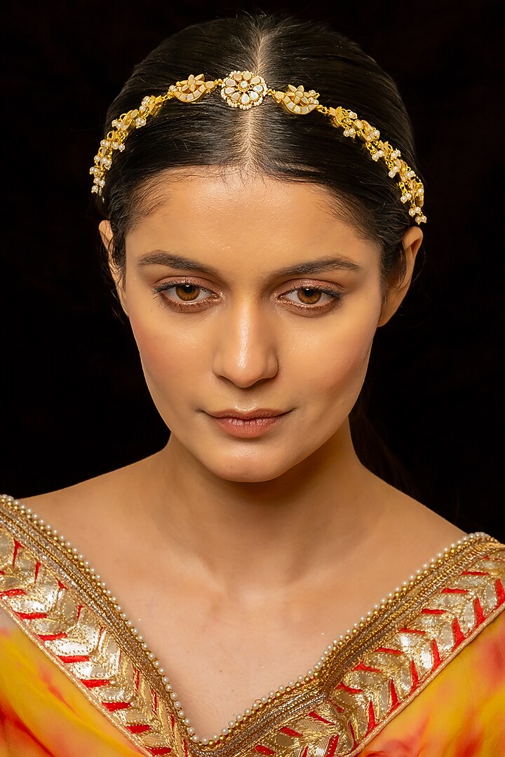 Gold Plated Kundan Polki & Semi-Precious Stone Headband by Shlok Jewels at Pernia's Pop Up Shop