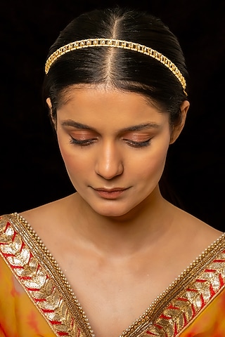 Gold Plated Kundan Polki & Semi-Precious Stone Headband by Shlok Jewels