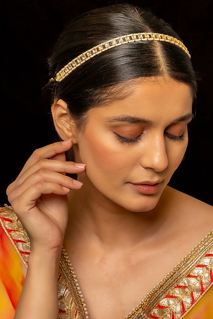 Gold Plated Kundan Polki & Semi-Precious Stone Headband by Shlok Jewels at Pernia's Pop Up Shop