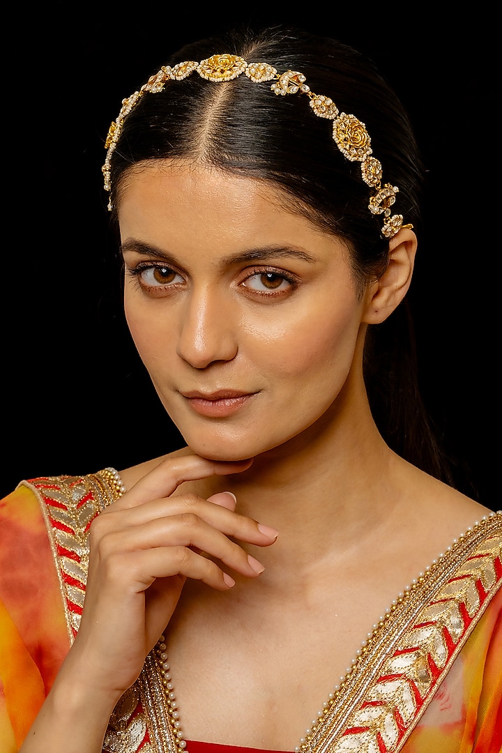 Gold Plated Kundan Polki & Semi-Precious Stone Headband by Shlok Jewels at Pernia's Pop Up Shop