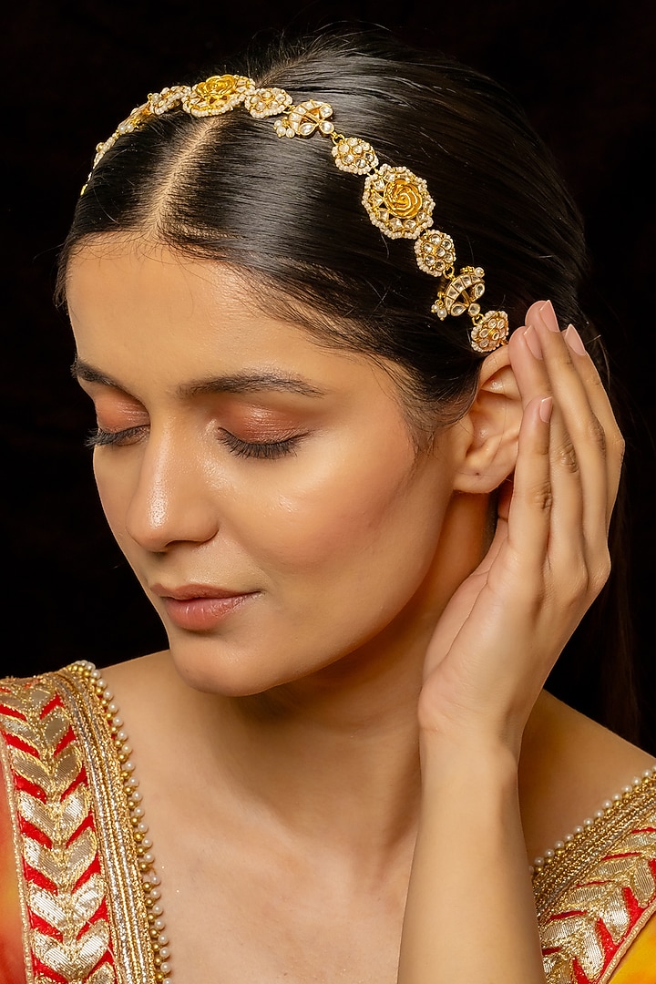 Gold Plated Kundan Polki & Semi-Precious Stone Headband by Shlok Jewels at Pernia's Pop Up Shop