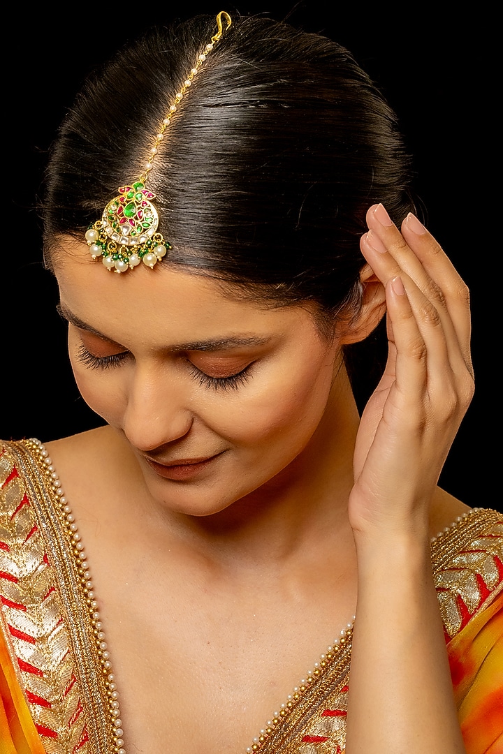 Gold Plated Kundan Polki & Semi-Precious Stone Maangtikka by Shlok Jewels at Pernia's Pop Up Shop