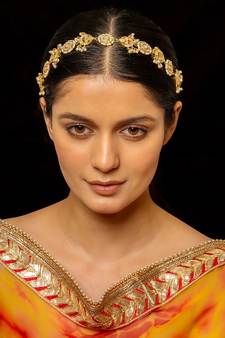 Gold Plated Kundan Polki & Semi-Precious Stone Headband by Shlok Jewels at Pernia's Pop Up Shop