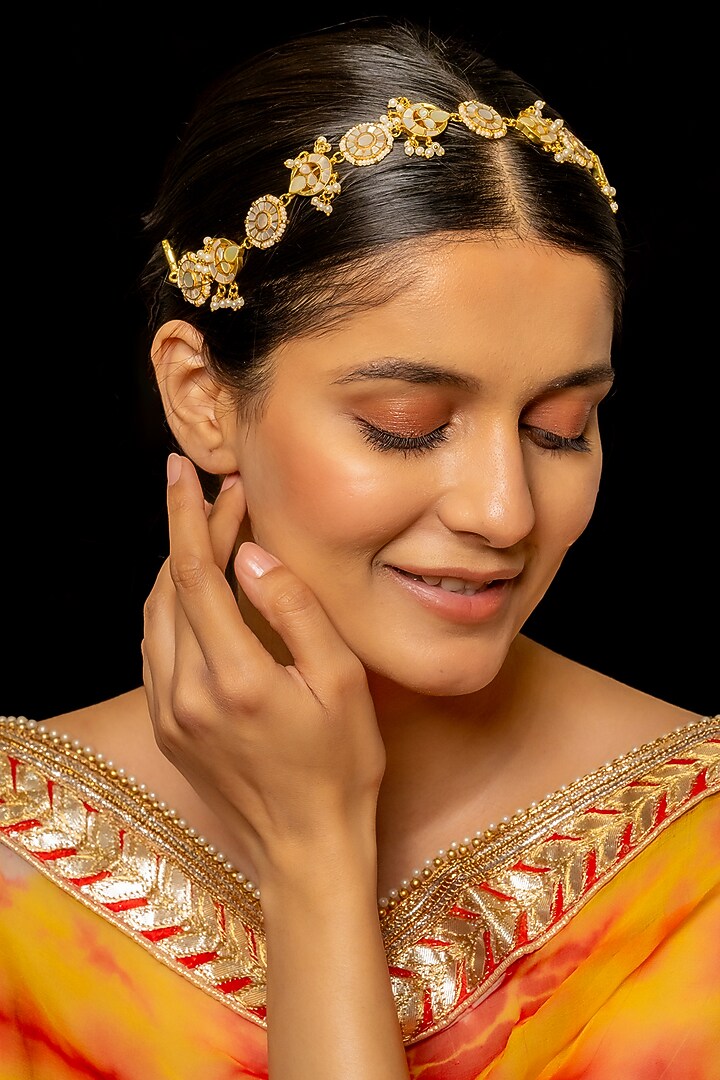 Gold Plated Kundan Polki & Semi-Precious Stone Headband by Shlok Jewels at Pernia's Pop Up Shop