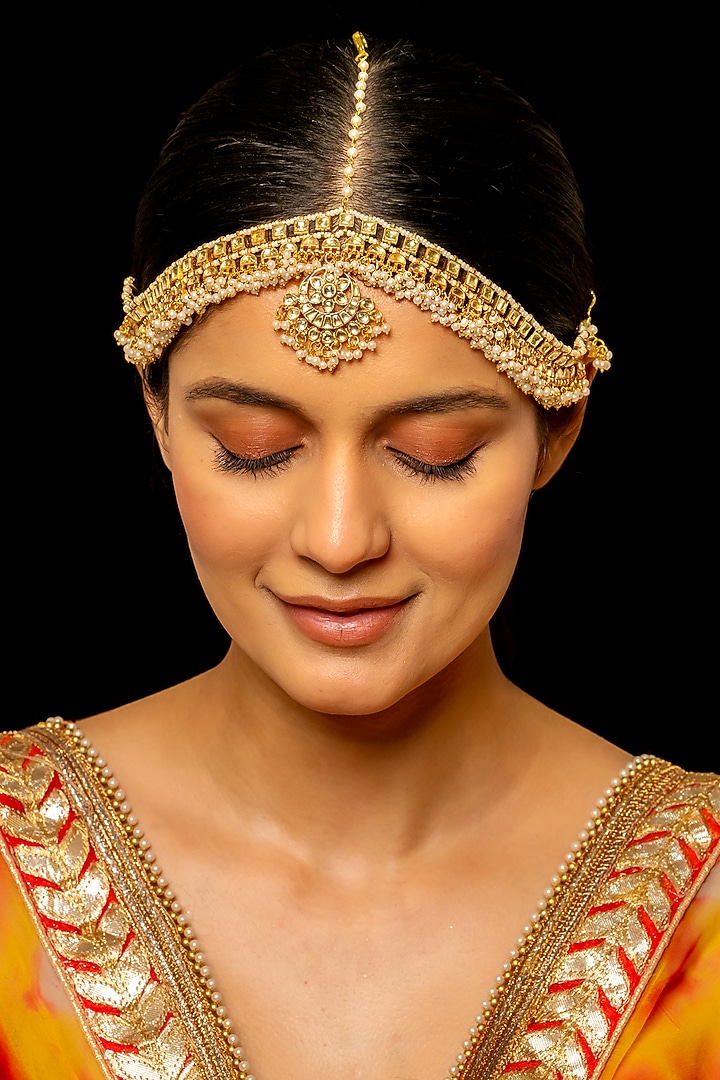 Gold Plated Kundan Polki & Semi-Precious Stone Mathapatti by Shlok Jewels at Pernia's Pop Up Shop