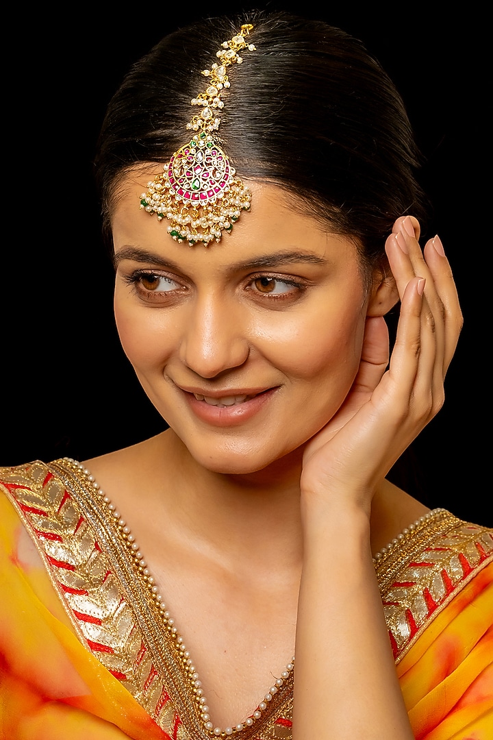 Gold Plated Kundan Polki & Semi-Precious Stone Maangtikka by Shlok Jewels at Pernia's Pop Up Shop