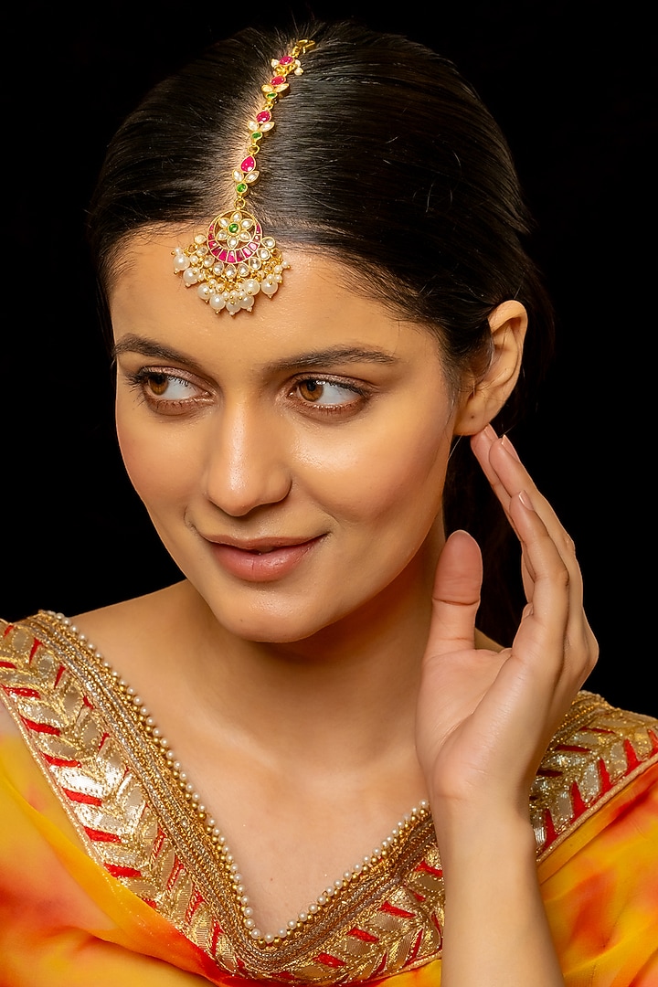 Gold Plated Kundan Polki & Semi-Precious Stone Maangtikka by Shlok Jewels at Pernia's Pop Up Shop