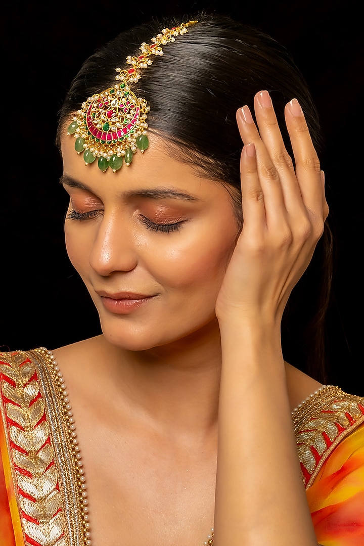 Gold Plated Kundan Polki & Semi-Precious Stone Maangtikka by Shlok Jewels at Pernia's Pop Up Shop