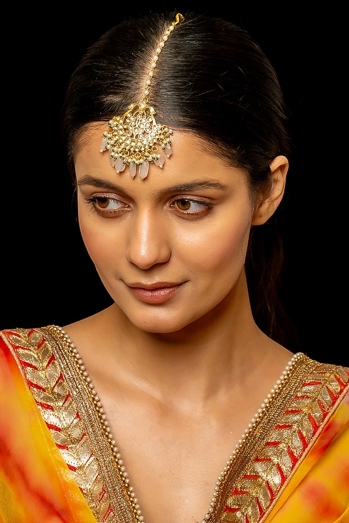 Gold Plated Kundan Polki & Semi-Precious Stone Maangtikka by Shlok Jewels at Pernia's Pop Up Shop