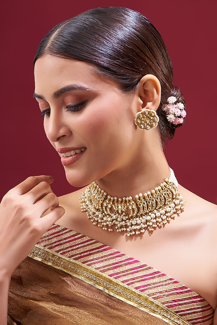 Gold Plated Kundan Polki Choker Necklace Set by Shlok Jewels at Pernia's Pop Up Shop