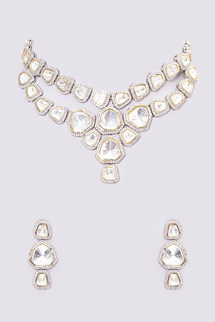 Gold Plated Kundan Polki & Faux Diamond Layered Necklace Set by Shlok Jewels at Pernia's Pop Up Shop